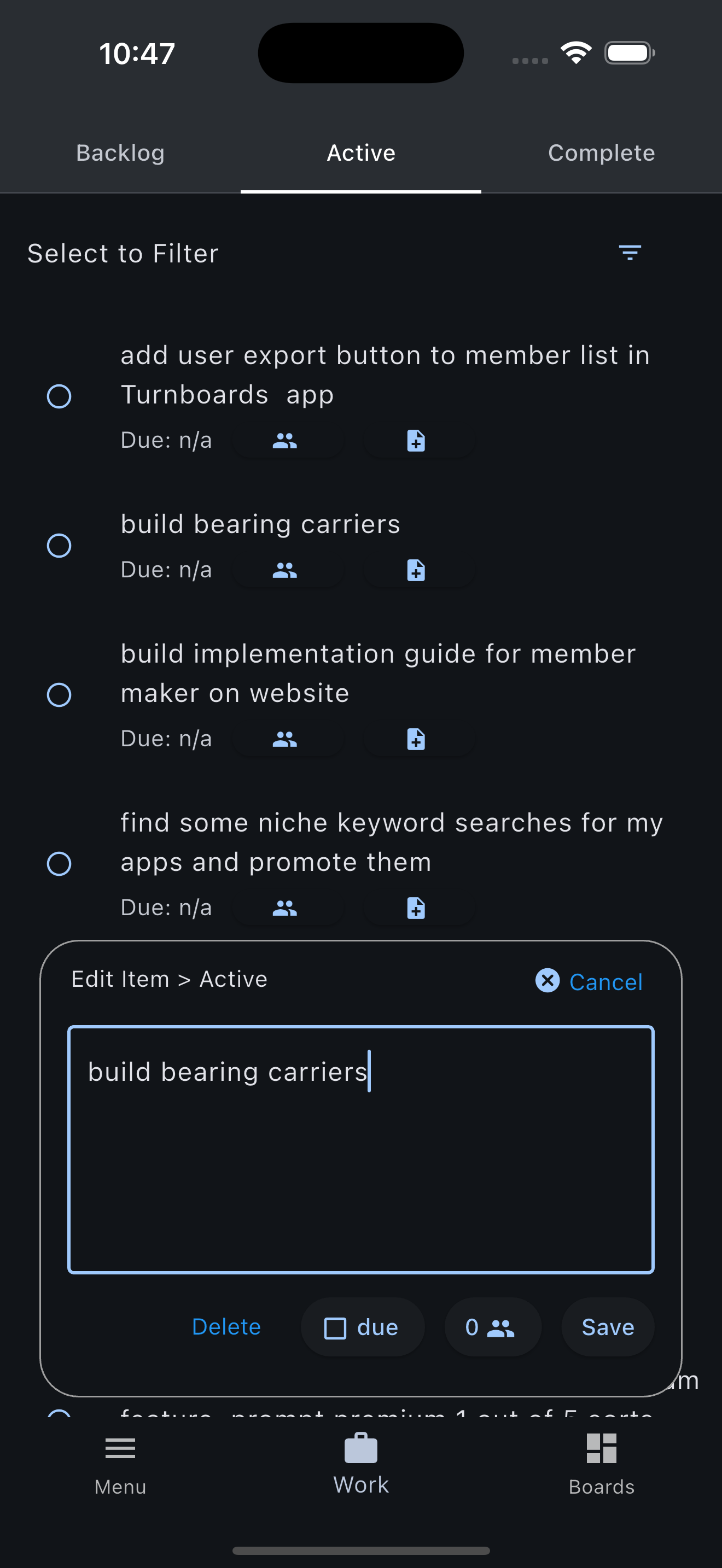 Turnboards project todo notes screen